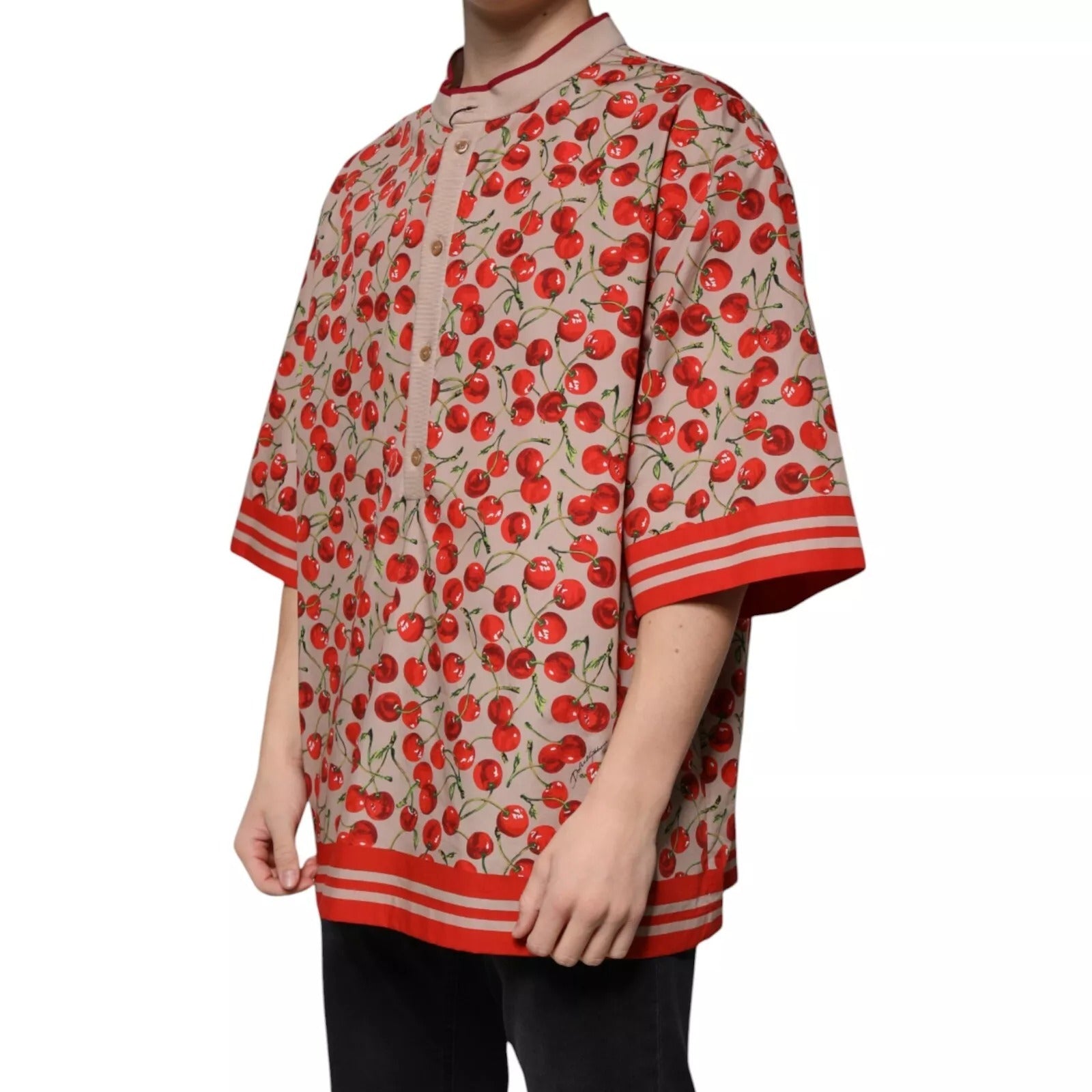 Dolce & Gabbana Beige Cherry Nylon Button-Down Casual Shirt